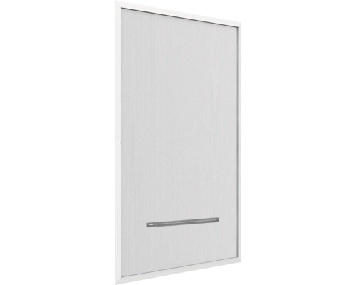 Fliegengittertür mit Metallgriff im weißen Rahmen