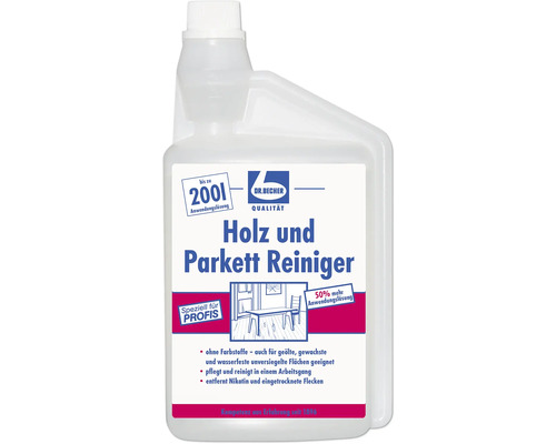 Nettoyant bois et parquet Dr. Becher concentré 1 l Nettoyant pour bois et parquet Dr. Becher dans une bouteille en plastique transparente.