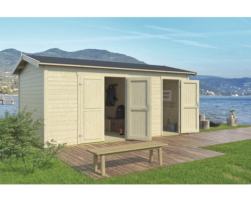 Gartenhaus Tuvalu XL inkl. Fußboden 540 x 331,2 cm natur Großes Gartenhaus aus Holz mit Doppeltür und Sitzbank vor einem See