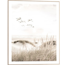 Gerahmtes Bild mit Kranichen, die über eine Küstenlandschaft fliegen