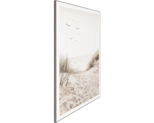 Gerahmtes Bild mit Strandmotiv, zeigt Sand, Gras und fliegende Vögel