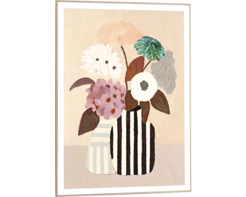 Gemälde mit Blumenarrangement in gestreiften Vasen