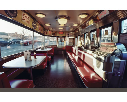 Innenansicht eines Diner-Restaurants im Retro-Stil mit Sitzbänken, Tischen und Jukebox