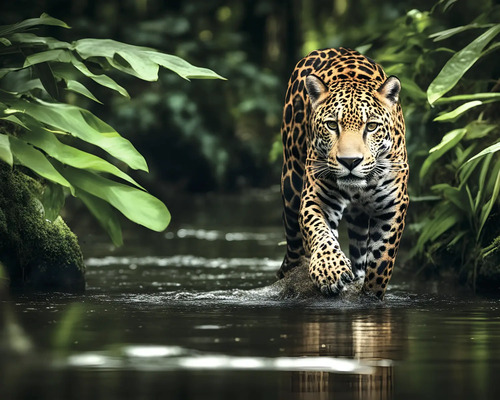 Ein Jaguar durchquert einen Fluss in dichtem Dschungel