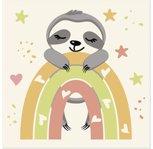 Illustration d''un paresseux sur un arc-en-ciel, entouré d''étoiles et de cœurs