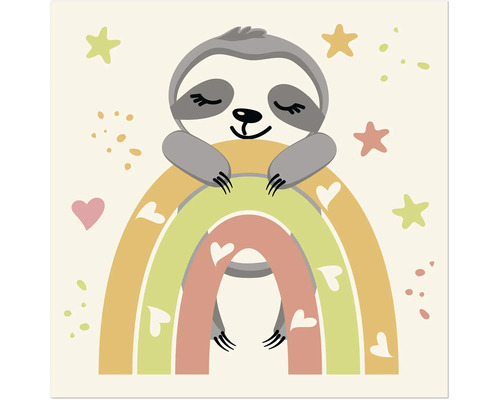 Illustration d''un paresseux sur un arc-en-ciel, entouré d''étoiles et de cœurs