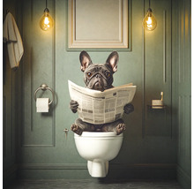 Badezimmer mit Toilette und Bulldogge, die eine Zeitung liest