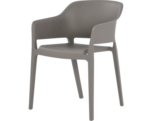 Grauer Kunststoffstuhl mit Armlehne für den Außenbereich