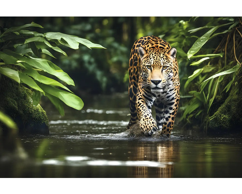 Ein Jaguar watet durch einen Fluss, umgeben von üppigem Grün.