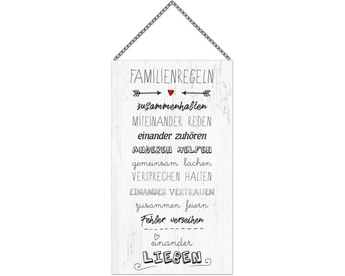 Panneau décoratif avec le texte règles familiales et une chaîne pour l''accrocher.