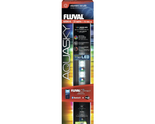 Éclairage d'aquarium Fluval AquaSky LED 3.0 21 W 75 -106 cm commande via l'appli Éclairage d''aquarium Fluval Aquasky 3.0 LED avec 6500 Kelvin, 21 watts et 75 à 106 centimètres de long