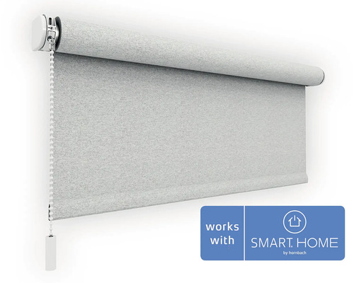 Store enrouleur gris en tissu structuré avec chaînette, compatible avec SMART HOME by hornbach.