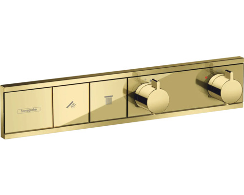 hansgrohe Unterputz Thermostat Dusche RainSelect polished gold optic für 2 Verbraucher ohne Unterputzgrundkörper 15380990 Hansgrohe Logo Unterputz Thermostatarmatur Fertigset mit zwei Absperrventilen