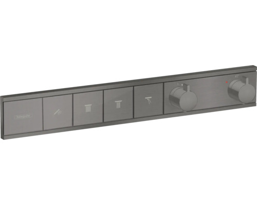 Robinet de douche avec thermostat hansgrohe RainSelect brushed black chrom brossé pour 4 fonctions sans corps de base encastré 15382340 Logo Hansgrohe. Thermostat encastré avec deux boutons rotatifs et plusieurs boutons pour commander la douche.
