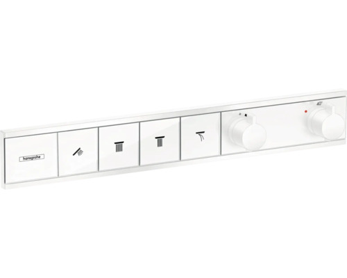 Robinet de douche avec thermostat hansgrohe RainSelect blanc mat pour 4 fonctions sans corps de base encastré 15382700 Logo Hansgrohe. Thermostat de douche avec symboles et boutons rotatifs pour le réglage de la température.