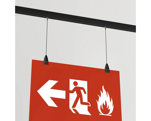 Panneau de sauvetage avec symboles pour sortie de secours, voie d''évacuation à gauche et incendie