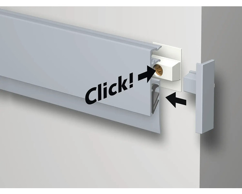 Darstellung der Montage einer Sockelleiste mit Klickfunktion.