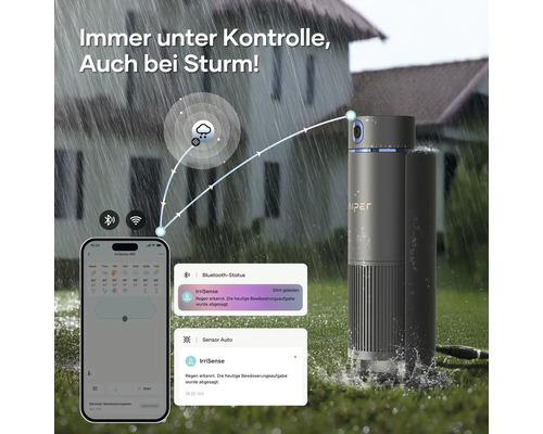 Automatische Bewässerungssteuerung IrriSense mit Smartphone-App im Einsatz bei Regen.