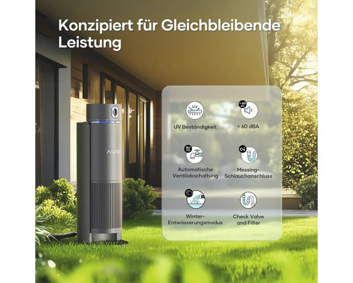 Aiper Produkt mit Hinweisen zu UV-Beständigkeit, Geräuschpegel unter 60 dBA, automatischer Ventilabschaltung, Messingschlauchanschluss, Winterentwässerungsmodus und Rückschlagventil mit Filter.