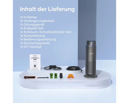 Lieferumfang des Aiper IrriSense Bewässerungssystems mit IrriSense Sensor, Verlängerungskabel, Ortungsgerät, Erdspieß Set, Schlauch Schnellverbinder Set, Kurzanleitung, Bedienungsanleitung, Rückschlagventil und DC-Netzteil