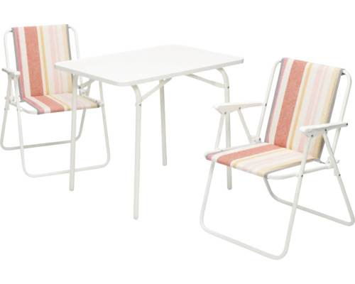 Table de jardin et deux chaises de camping avec accoudoirs
