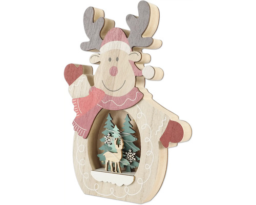 Dekoratives Rentier aus Holz mit Weihnachtsbäumen und Beleuchtung