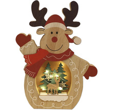 Dekoratives Rentier mit Weihnachtsszene und Beleuchtung aus Holz.