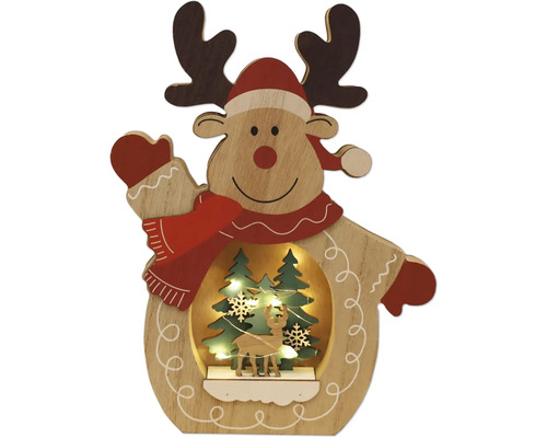 Dekoratives Rentier mit Weihnachtsszene und Beleuchtung aus Holz.