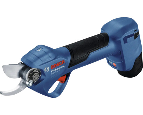 Bosch Logo. Akku-Gartenschere mit Schneidwerkzeug.