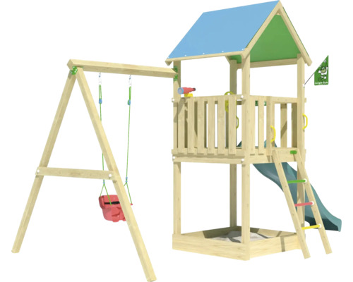 Balançoire simple Cabane de jeux sur pilotis Jungle Gym 444 x 267 bois contenant drapeau,télescope,tour basique,poignée,protection de la tête,échelle,volant,balançoire,toboggan,bac à sable toboggan vert foncé Tour de jeux avec balançoire et toboggan en bois