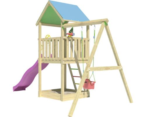 Balançoire simple Cabane de jeux sur pilotis Jungle Gym 444 x 267 bois contenant drapeau,télescope,tour basique,poignée,protection de la tête,échelle,volant,balançoire,toboggan,bac à sable toboggan fuchsia Aire de jeux en bois avec balançoire et toboggan pour l''extérieur