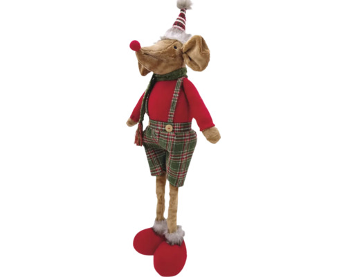 Dekorative Stoffmaus mit karierter Hose, rotem Pullover, Schal und Mütze