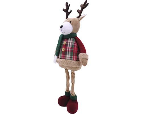 Dekorativer stehender Plüsch-Elch mit Schal und kariertem Hemd als Weihnachtsdekoration