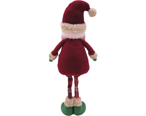 Rückansicht einer Weihnachtsmann-Dekofigur mit rotem Mantel, karierter Hose und Mütze