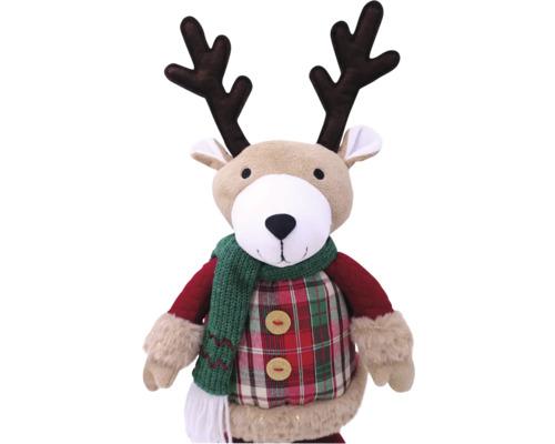 Figurine de renne en peluche avec écharpe et chemise à carreaux comme décoration de Noël