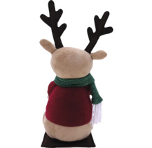 Figurine de renne en peluche avec écharpe et bois vus de derrière