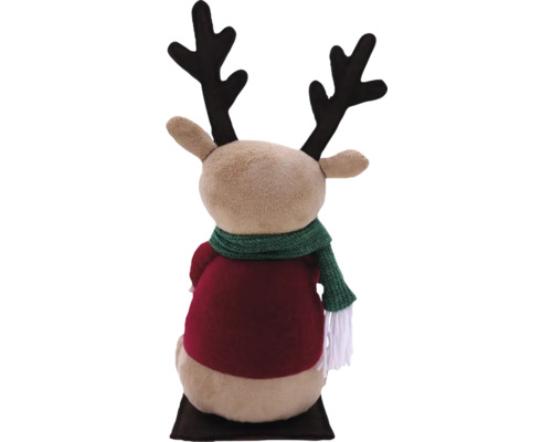 Figurine de renne en peluche avec écharpe et bois vus de derrière