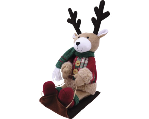 Figurine décorative renne sur luge avec écharpe et veste