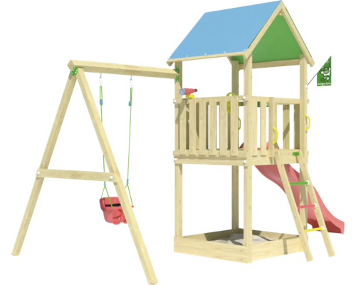 Balançoire simple Cabane de jeux sur pilotis Jungle Gym 444 x 267 bois contenant drapeau,télescope,tour basique,poignée,protection de la tête,échelle,volant,balançoire,toboggan,bac à sable toboggan rouge Aire de jeux pour enfants avec balançoire, tour d''escalade, toboggan et bac à sable