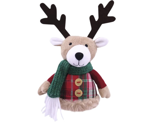 Décoration de Noël Lafiora renne h 17 cm Peluche décorative renne avec bois, écharpe et boutons