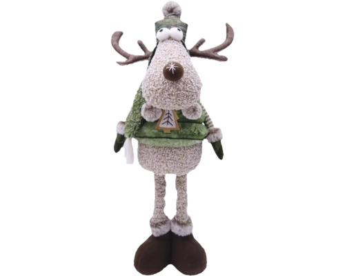 Plüschfigur Lafiora Rentier mit Teleskopbeinen H 52 cm braun grün weiß Dekofigur Rentier mit Mütze und Geweih