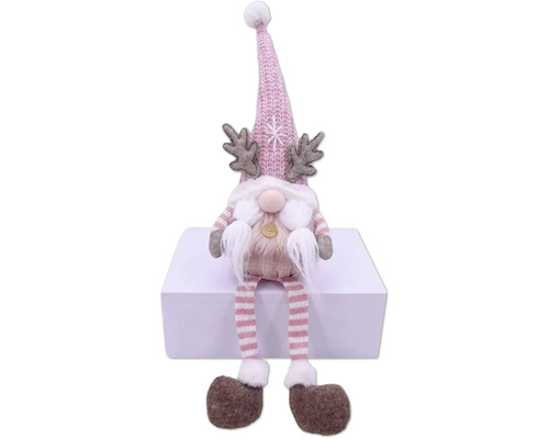 Décoration de Noël Lafiora renne h 55 cm rose vif Nain de Noël décoratif avec bonnet, bois de cerf et jambes rayées assis sur une surface blanche