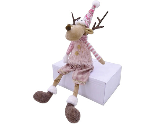 Figurine décorative de renne avec bonnet et écharpe, assise sur une boîte blanche.