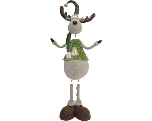 Dekorativer Elch aus Stoff mit Mütze, Schal und aufgenähtem Weihnachtsbaum