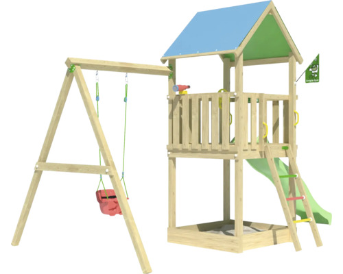 Balançoire simple Cabane de jeux sur pilotis Jungle Gym 444 x 267 bois contenant drapeau,télescope,tour basique,poignée,protection de la tête,échelle,volant,balançoire,toboggan,bac à sable toboggan vert Tour de jeux avec balançoire, toboggan et bac à sable