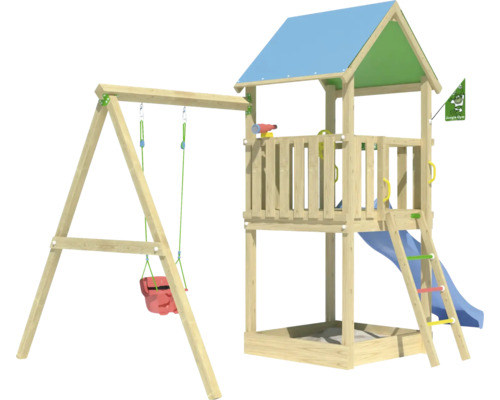 Balançoire simple Cabane de jeux sur pilotis Jungle Gym 444 x 267 bois contenant drapeau,télescope,tour basique,poignée,protection de la tête,échelle,volant,balançoire,toboggan,bac à sable toboggan bleu Tour de jeu avec balançoire, toboggan, bac à sable et logo Jungle Gym