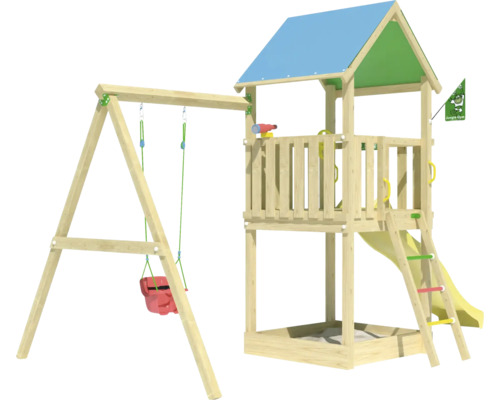 Balançoire simple Cabane de jeux sur pilotis Jungle Gym 444 x 267 bois contenant drapeau,télescope,tour basique,poignée,protection de la tête,échelle,volant,balançoire,toboggan,bac à sable toboggan jaune Tour de jeu avec balançoire, toboggan et bac à sable en bois