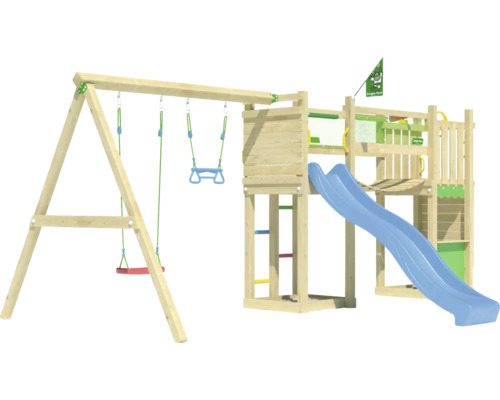 Cabane de jeux sur pilotis double balançoire Jungle Gym 494 x 290 nature contenant balançoires, drapeau, poignée, mur d'escalade, jeu de la marchande, pont, télescope, toboggan bleu, tour basique, pierres d'escalade, volant Aire de jeux avec balançoire, tour d''escalade et toboggan