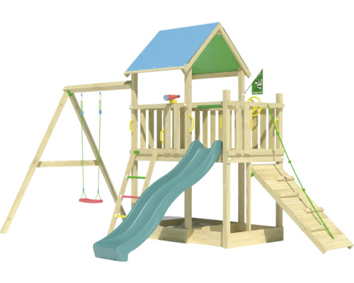 Balançoire simple Cabane de jeux sur pilotis Jungle Gym 451 x 295 bois contenant balançoire à planche,toboggan,poignée,échelle,corde à grimper,drapeau,barreaux,télescope,bac à sable,volant toboggan vert foncé Tour de jeux en bois avec toboggan, balançoire et échelle d''escalade