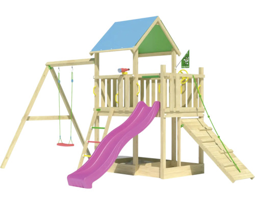 Balançoire simple Cabane de jeux sur pilotis Jungle Gym 451 x 295 bois contenant balançoire à planche,toboggan,poignée,échelle,corde à grimper,drapeau,barreaux,télescope,bac à sable,volant toboggan fuchsia Tour de jeu en bois avec toboggan, balançoire et structure d''escalade